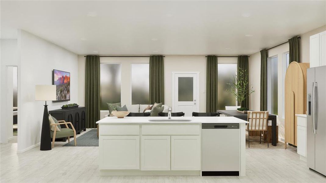 Kitchen with white cabinetry, dishwasher, stainless steel refrigerator with ice dispenser, a center island with sink, and light wood-style floors