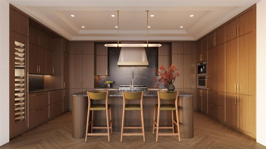 Thoughtfully designed kitchen featuring custom cabinetry offered in three refined color palettes, with soft-close functionality throughout. Illuminated drawers with integrated dividers provide exceptional organization, while a discreet paneled door reveals a secondary pantry with additional refrigerator and storage. Thoughtfully designed kitchen featuring custom cabinetry offered in three refined color palettes, with soft-close functionality throughout. Illuminated drawers with integrated dividers provide exceptional organization, while a discreet paneled door reveals a secondary pantry with additional refrigerator and storage.