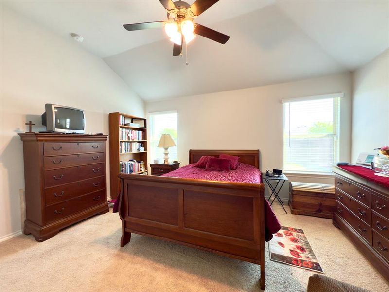 Bedroom featuring lofted ceiling, light colored carpet, multiple windows, and ceiling fan Bedroom featuring lofted ceiling, light colored carpet, multiple windows, and ceiling fan