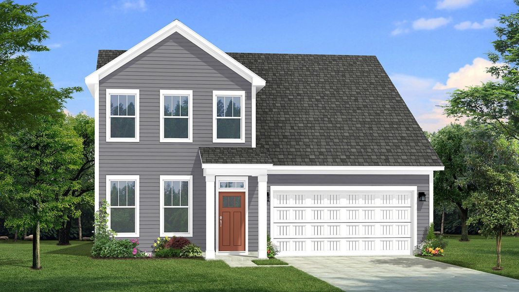 Two-story single family home with gray siding, a covered front porch and 2 car garage. Two-story single family home with gray siding, a covered front porch and 2 car garage.