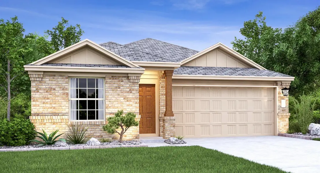 Front exterior of a new home in Meadowlark Preserve: Claremont Collection, Pflugerville, TX, highlighting curb appeal (Image 1).