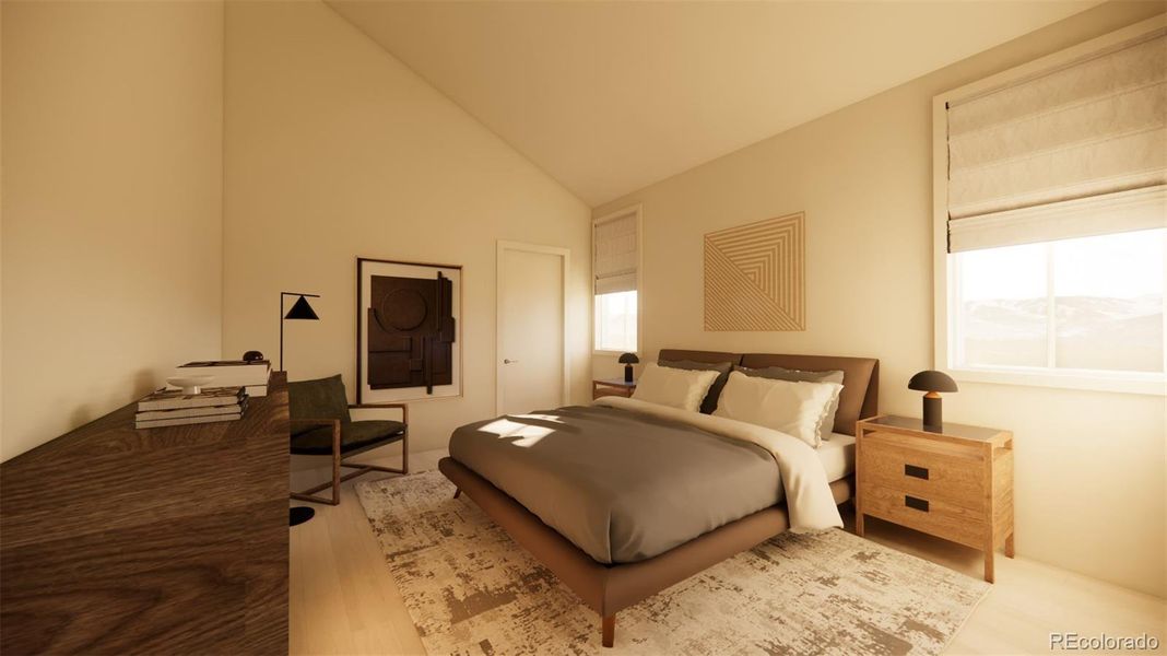 Vaulted ceilings in the spacious primary bedroom. *This is a 3D rendering.