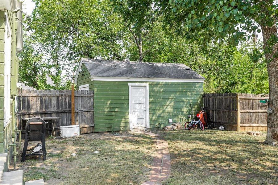 View of shed featuring a fenced backyard View of shed featuring a fenced backyard