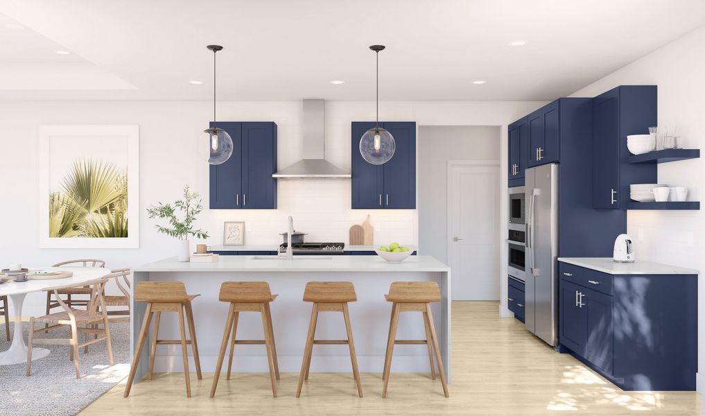 Kitchen with pendant lighting and floating shelves