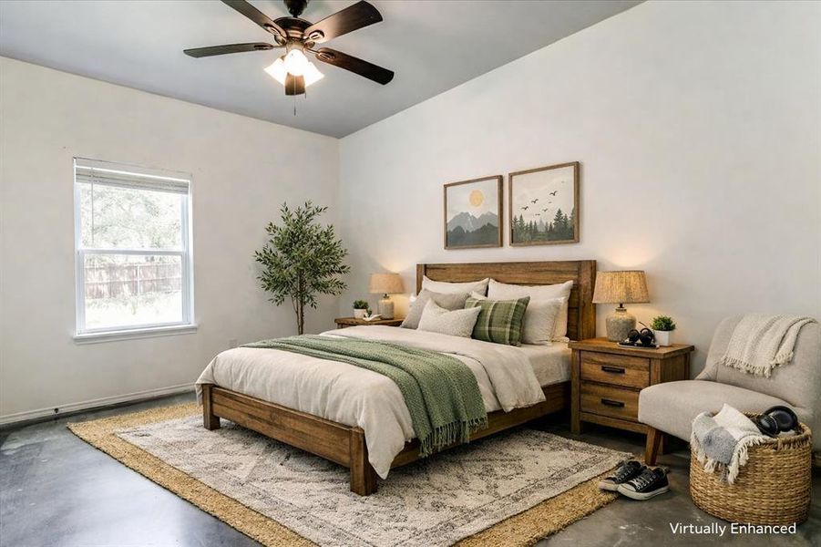 Bedroom featuring concrete flooring with a neutral area rug, a single window with blinds, a ceiling fan with integrated lighting, and white walls