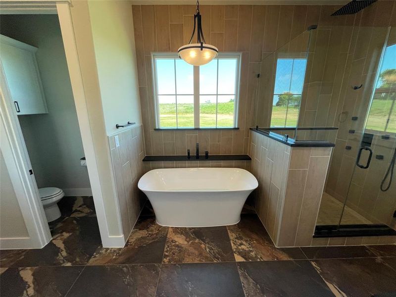 Freestanding soaking tub with dark fixtures and a window backdrop