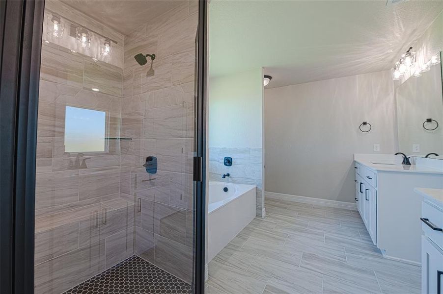 Bathroom with vanity, a garden tub, and a shower stall