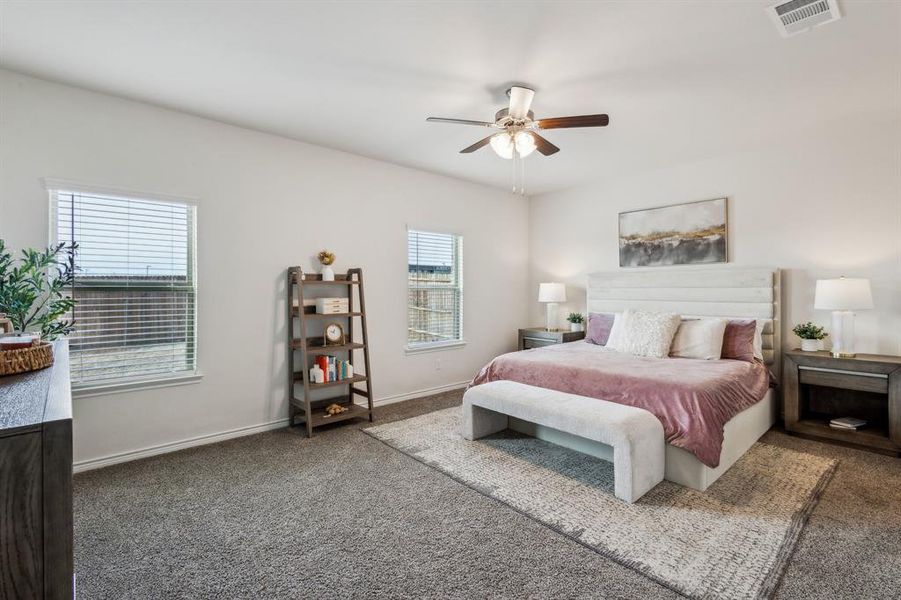 Bedroom with ceiling fan, carpet flooring, and multiple windows