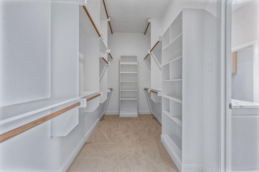 Walk in closet featuring light colored carpet