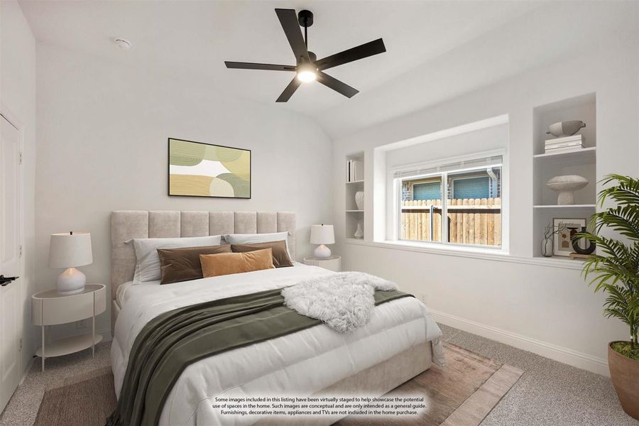 Bedroom with queen bed, black ceiling fan, built-in shelves, and a window with natural light Bedroom with queen bed, black ceiling fan, built-in shelves, and a window with natural light