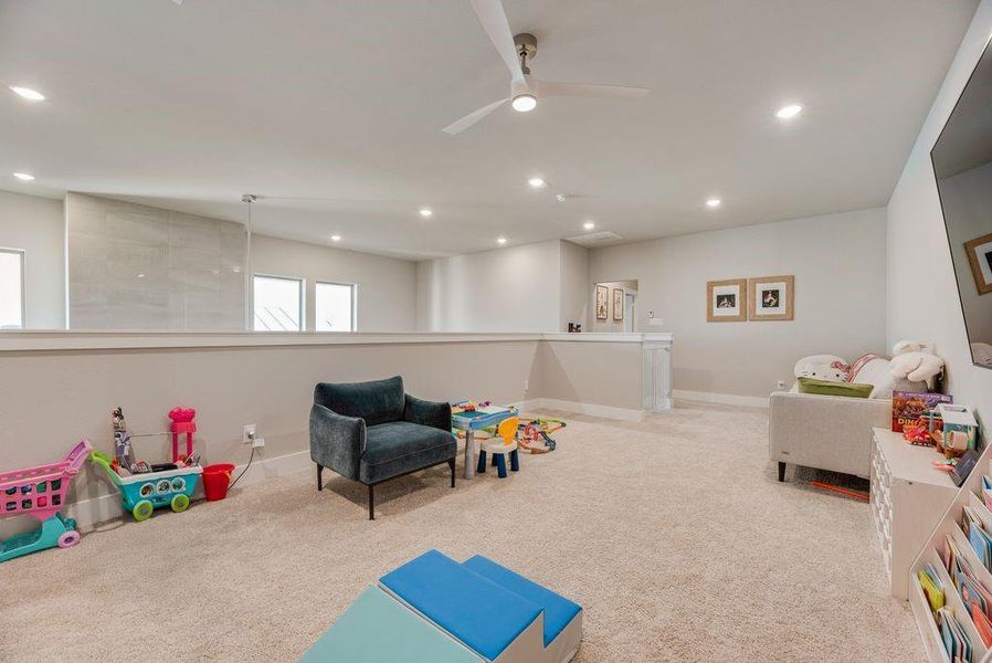 Game room featuring carpet flooring, ceiling fan, and recessed lighting