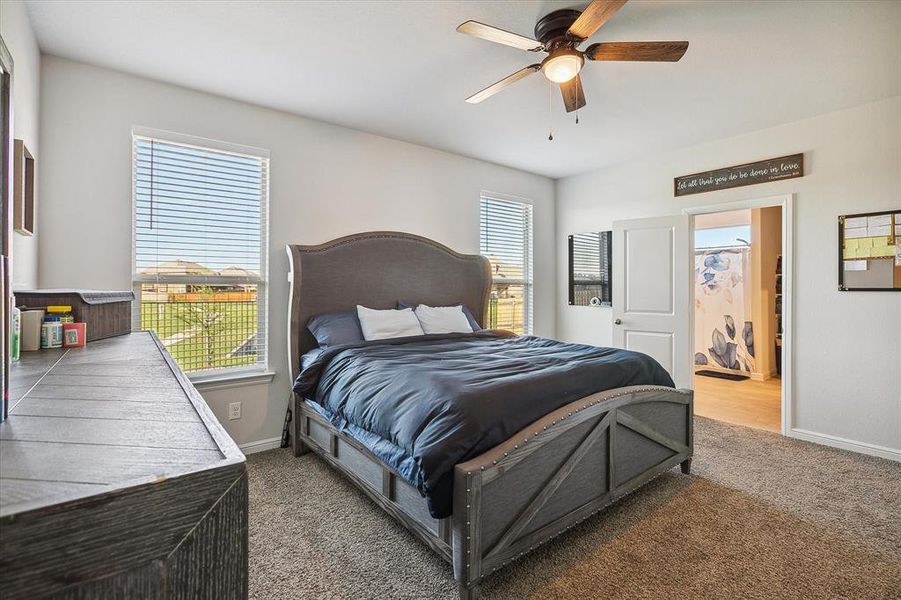 Carpeted bedroom with ceiling fan Carpeted bedroom with ceiling fan