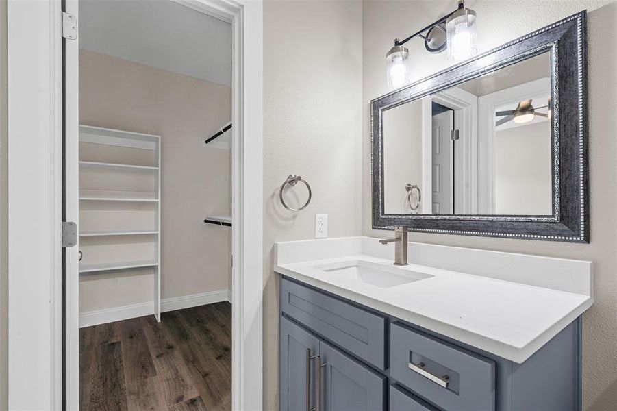 Bathroom with vanity, dark wood finished floors, and a closet Bathroom with vanity, dark wood finished floors, and a closet