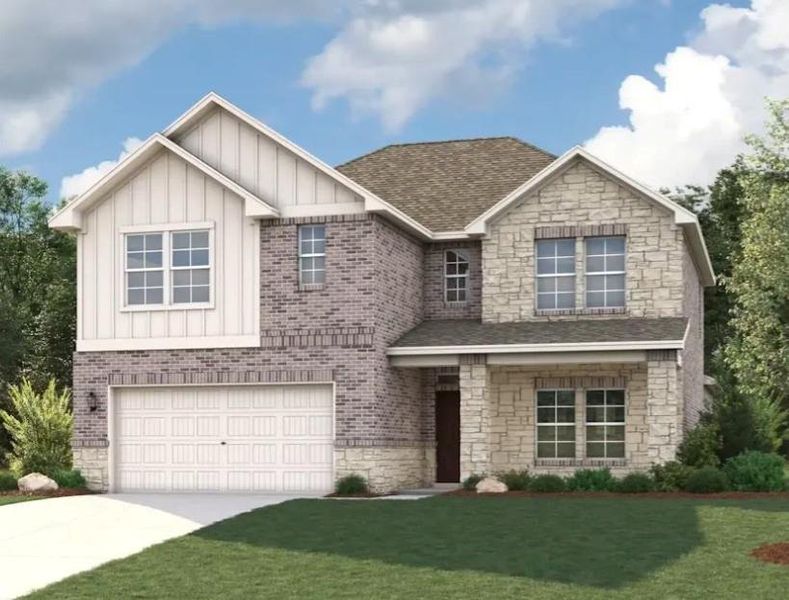 Front exterior of a new home in Overland Grove, Forney, TX, highlighting curb appeal (Image 1). Front exterior of a new home in Overland Grove, Forney, TX, highlighting curb appeal (Image 1).