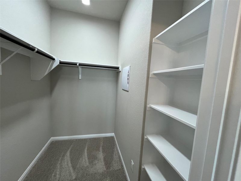 Ample storage options define this walk-in closet featuring built-in shelving and soft carpet. Ample storage options define this walk-in closet featuring built-in shelving and soft carpet.