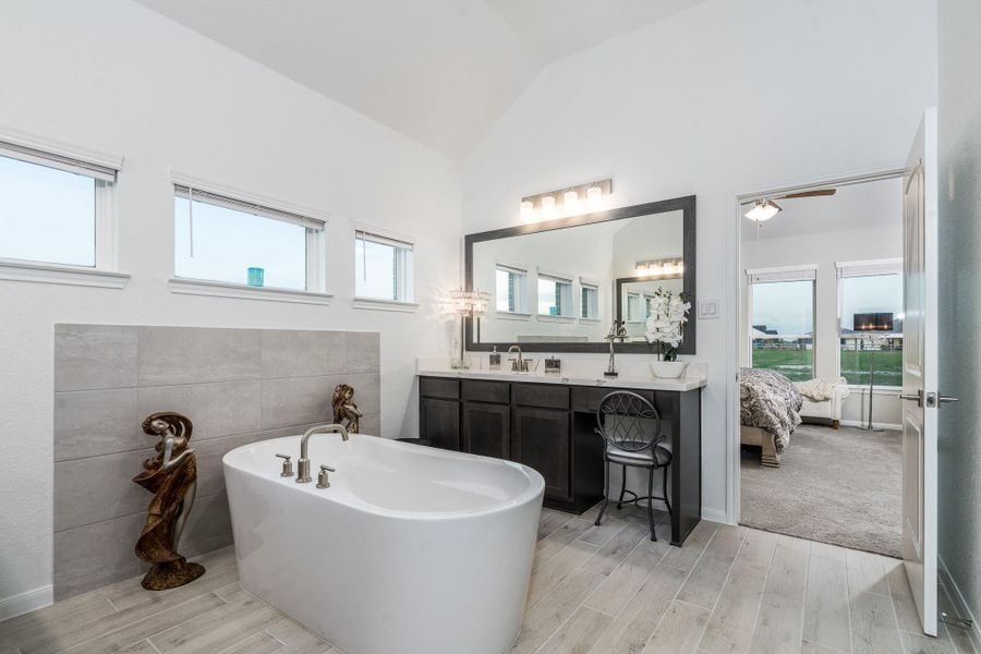 Stand alone soaking tub and separate vanity areas