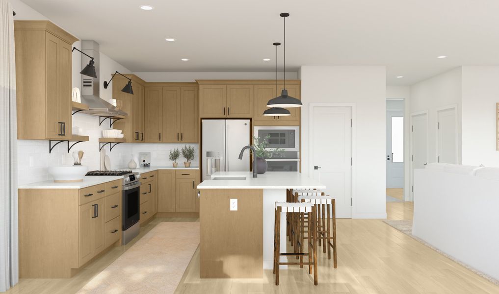 Kitchen with quartz island and countertops