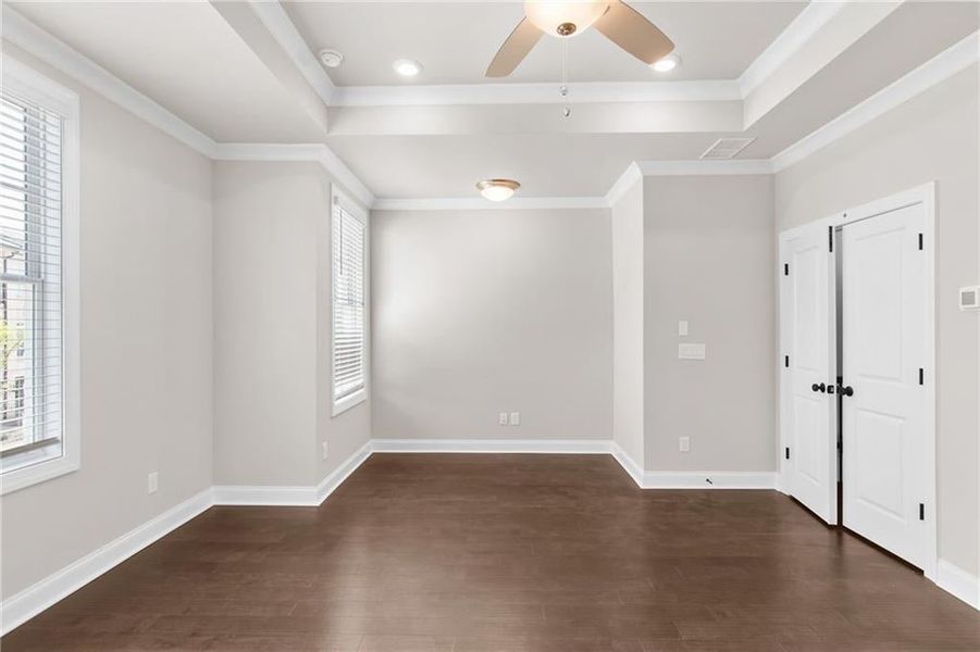 This nook on the other end of the primary bedroom would be perfect spot for your dresser. Photos are not of the exact property but are similar, the home is currently under construction.