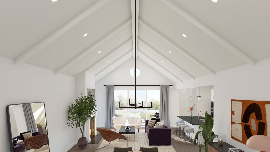 Great room with white-painted ceiling beams Great room with white-painted ceiling beams