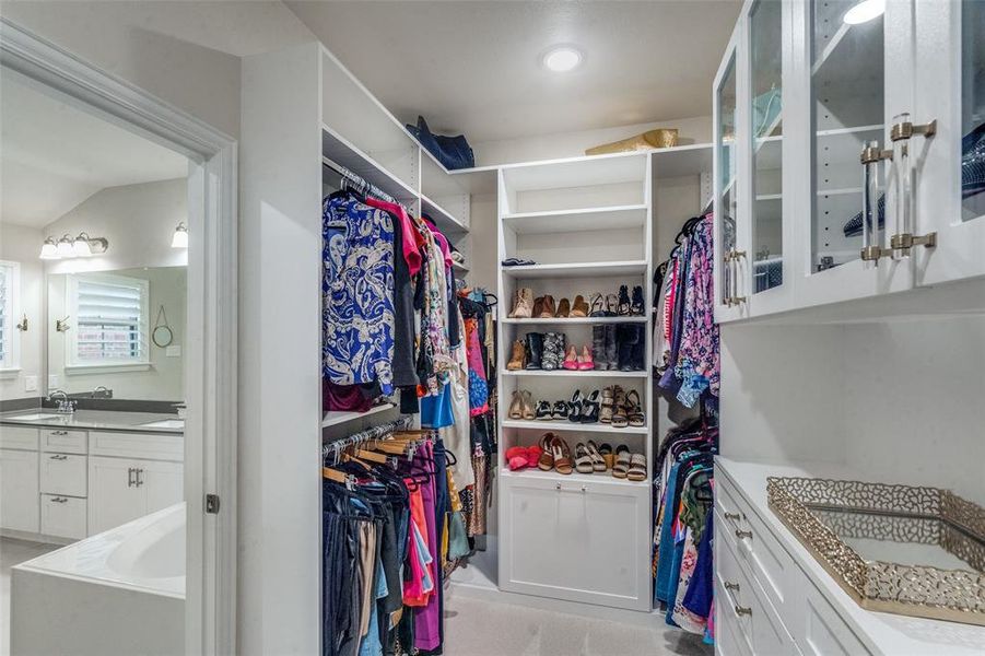 Spacious closet with sink, vaulted ceiling, and light colored carpet