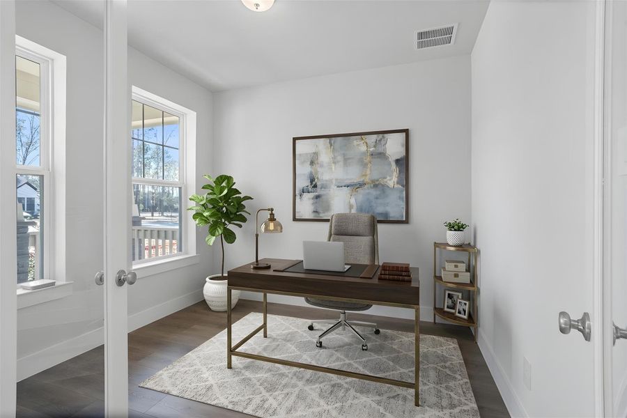 The study provides the quiet retreat necessary for a productive home office, eliminating the daily commute and maximizing work-from-home efficiency. It features French doors, neutral toned walls, and large windows. *Virtually Staged The study provides the quiet retreat necessary for a productive home office, eliminating the daily commute and maximizing work-from-home efficiency. It features French doors, neutral toned walls, and large windows. *Virtually Staged