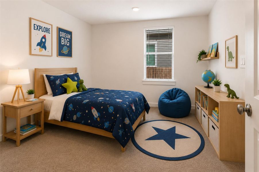 A well-lit bedroom with carpeted floors, offering a comfortable and functional space. Virtually Staged