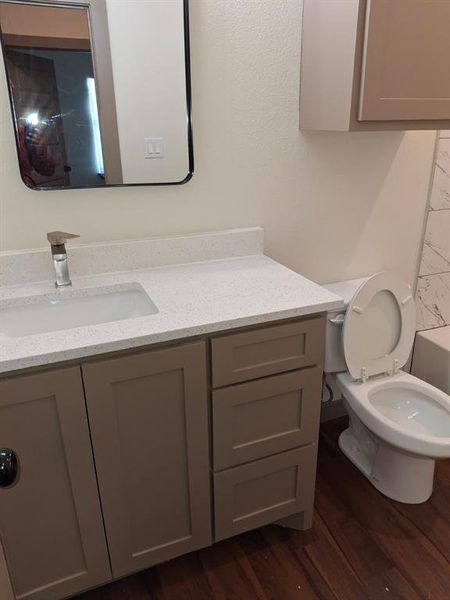Bathroom featuring vanity, dark wood finished floors, and a bath Bathroom featuring vanity, dark wood finished floors, and a bath
