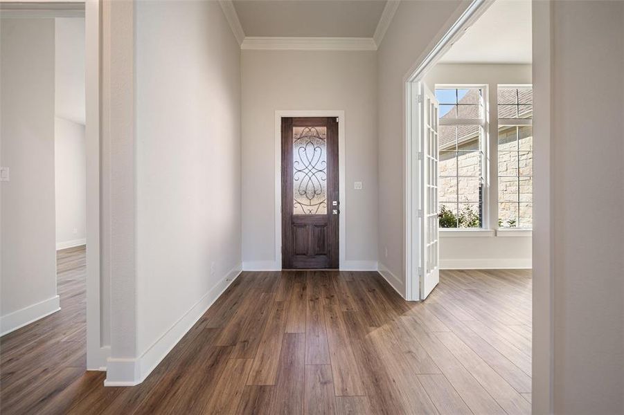 Foyer entrance featuring ornamental molding and dark wood-style floors Foyer entrance featuring ornamental molding and dark wood-style floors