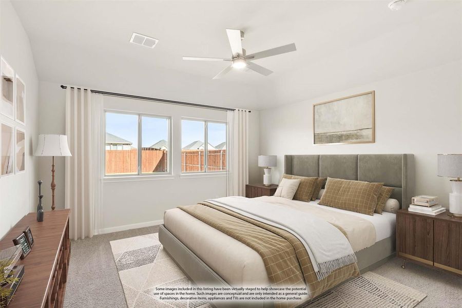 Bedroom with king bed, ceiling fan, carpet flooring, and large window with natural light