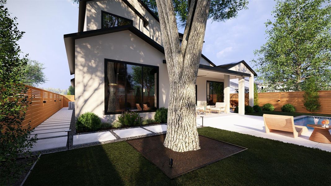 A private backyard oasis features a glistening pool and a spacious patio for outdoor entertaining.