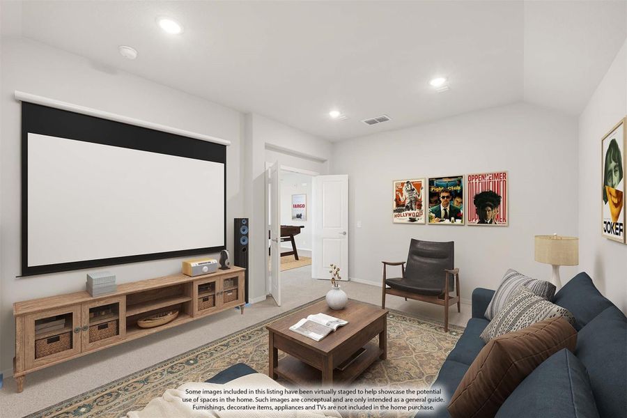 Media room with large projection screen, blue sofa, wood TV console, and movie posters on white walls Media room with large projection screen, blue sofa, wood TV console, and movie posters on white walls
