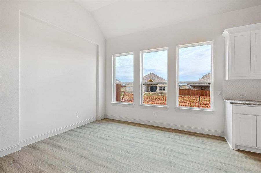 Unfurnished room with light wood finished floors and vaulted ceiling
