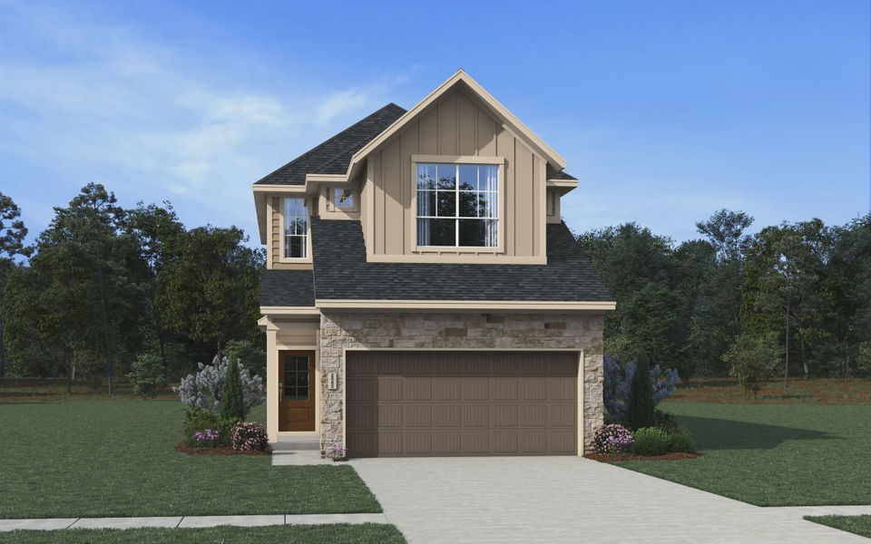 Representative exterior photo of a completed home built from the Calais by Chesmar Homes in Meridiana Chateau, Iowa Colony, TX (Image 4). Representative exterior photo of a completed home built from the Calais by Chesmar Homes in Meridiana Chateau, Iowa Colony, TX (Image 4).