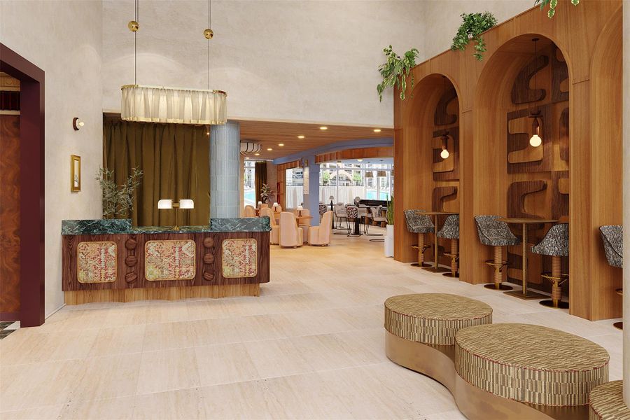 The entry experience begins at reception, positioned next to the secured package and mail room, and flows into the lounge. 24-hour concierge services are location in the reception area.