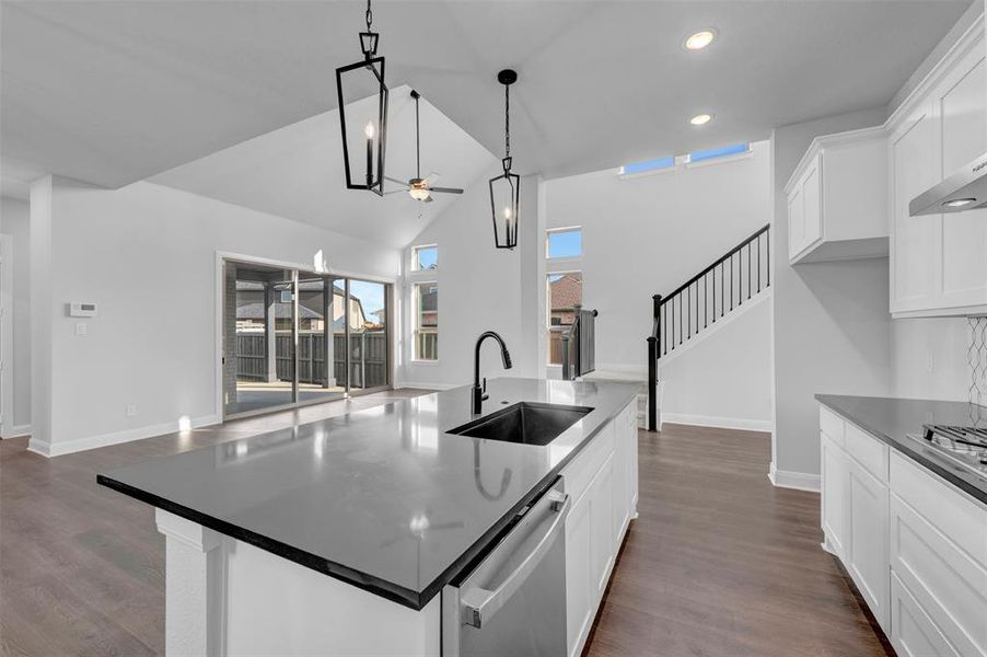 Kitchen featuring a large island with sink, ceiling fan, white cabinetry, dark wood-style floors, and stainless steel dishwasher Kitchen featuring a large island with sink, ceiling fan, white cabinetry, dark wood-style floors, and stainless steel dishwasher
