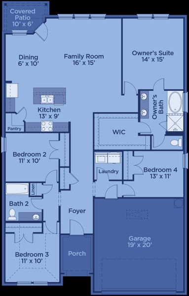 2D floor plan layout for the San Jacinto by UnionMain Homes in Legacy Hills, Celina, TX (Image 5).
