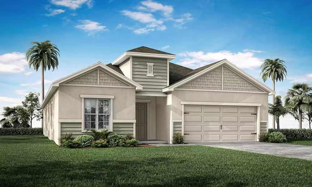 Front exterior of a new home in Estates at Hickory Cove - Single-Family Homes, St. Cloud, FL, highlighting curb appeal (Image 1). Front exterior of a new home in Estates at Hickory Cove - Single-Family Homes, St. Cloud, FL, highlighting curb appeal (Image 1).