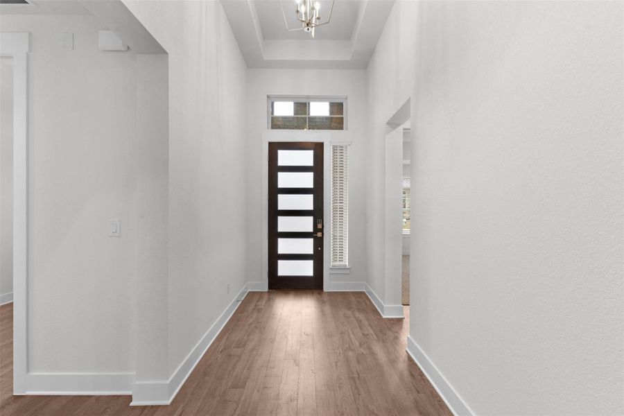 Entryway featuring a towering ceiling, wood finished floors, a tray ceiling, and a chandelier
