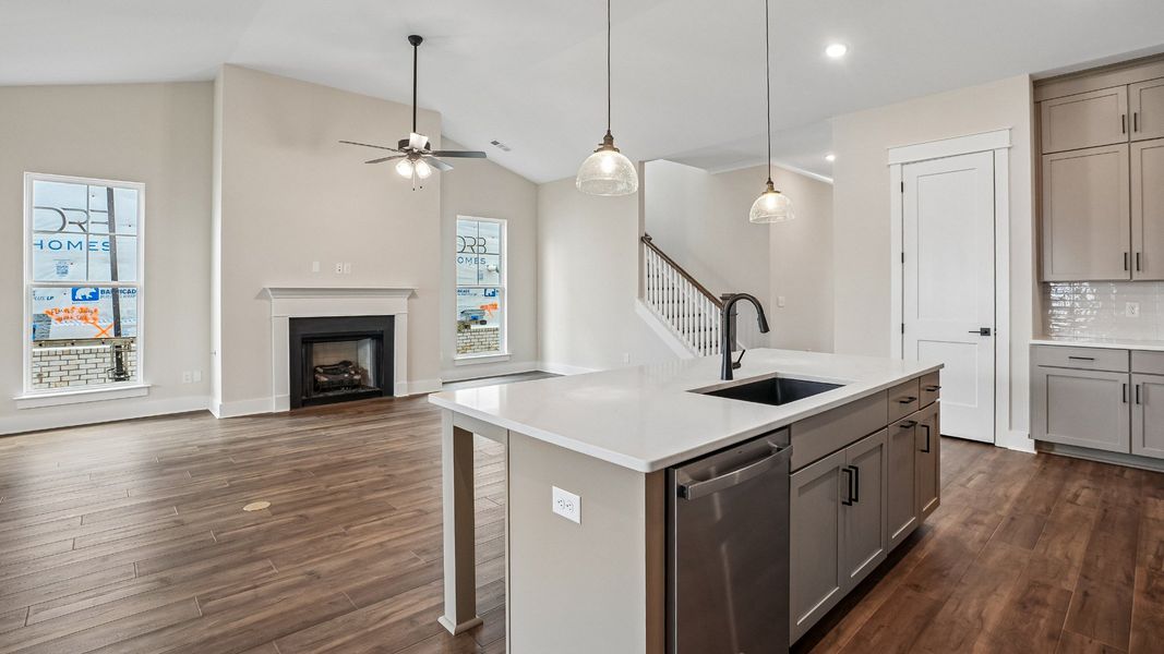 Kitchen with quartz countertops and kitchen island