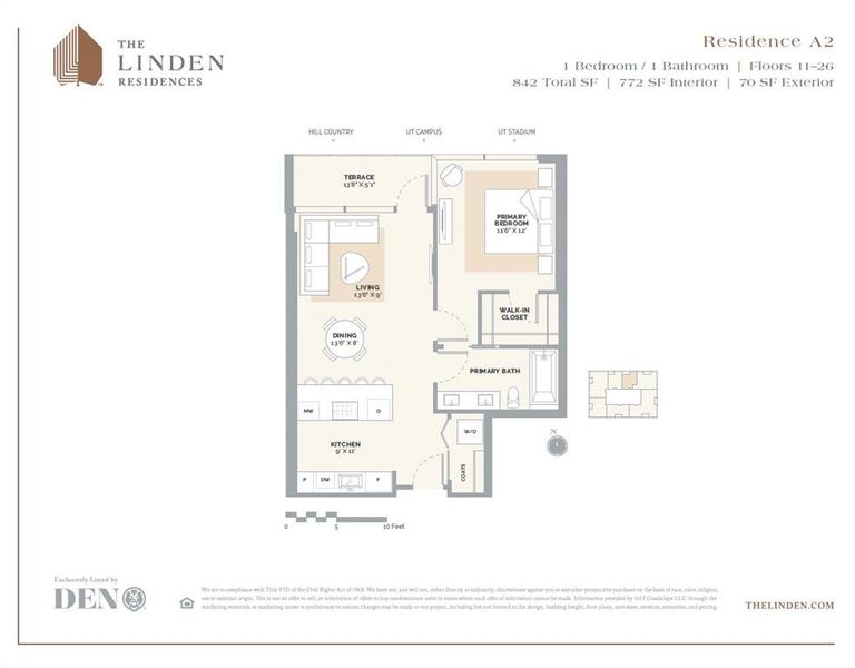 The Linden Residences — A2 Floor Plan. 1 Bed + 1 Bath (772 SF Interior | 70 SF Exterior)