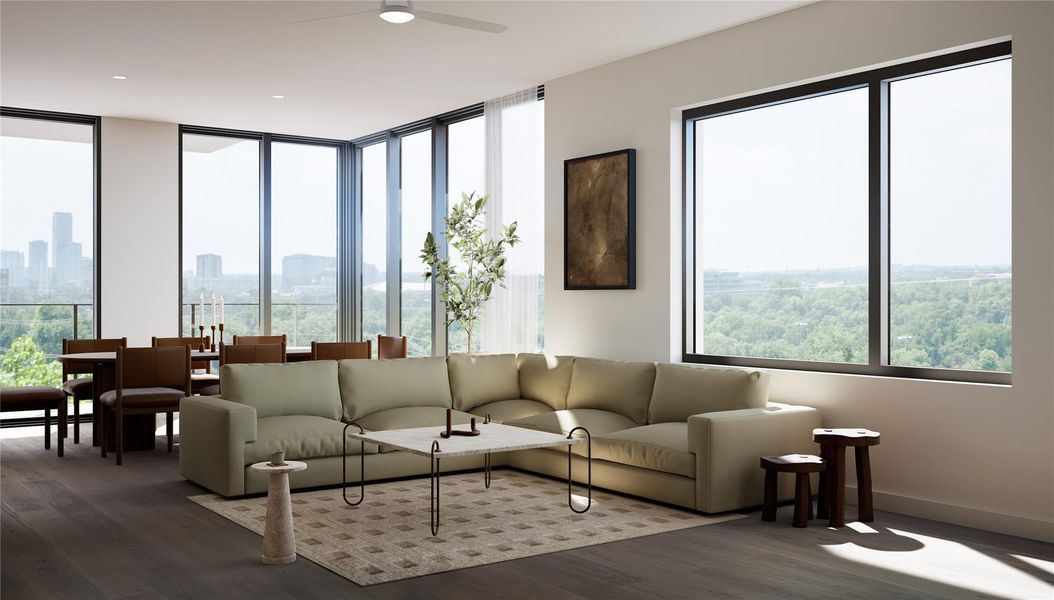 With floor to ceiling windows, enjoy the 6th floor view of the pool, park, and Lady Bird Lake