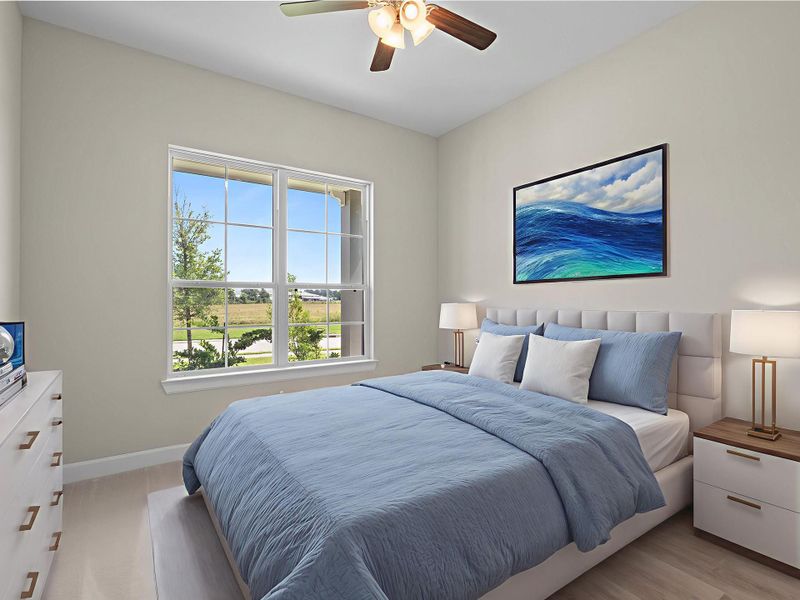 Your guests will feel right at home in this spacious Portico guest bedroom, featuring plenty of natural light, generous closet space, and a warm, inviting layout designed for comfort and privacy. Image depicts home as-is virtually staged.