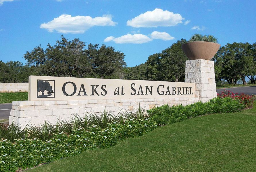 Front exterior of a new home in Oaks at San Gabriel, Georgetown, TX, highlighting curb appeal (Image 1).