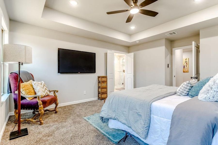 Carpeted bedroom featuring ceiling fan, connected bathroom, and a tray ceiling