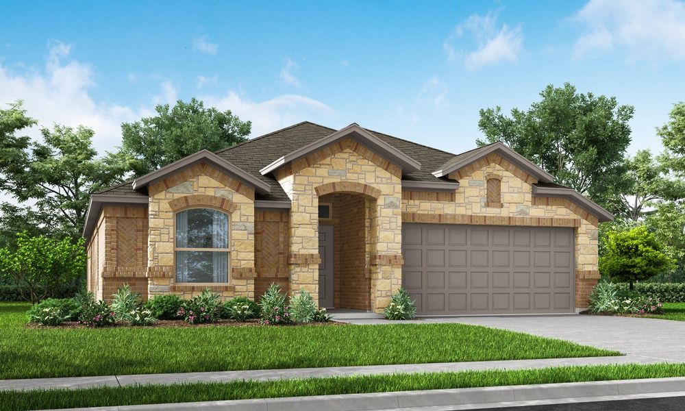 Representative exterior photo of a completed home built from the Austin by Impression Homes in De Berry Reserve, Royse City, TX (Image 16). Representative exterior photo of a completed home built from the Austin by Impression Homes in De Berry Reserve, Royse City, TX (Image 16).