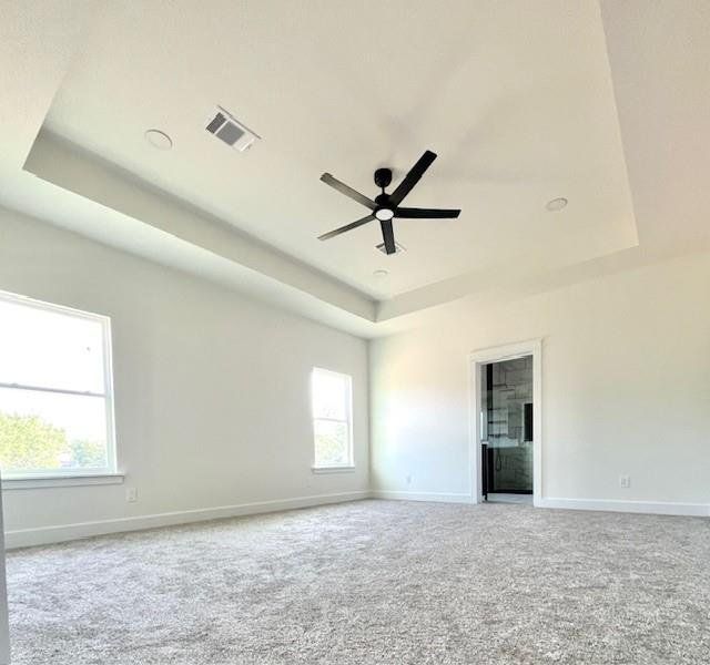 Unfurnished room with a raised ceiling, carpet floors, and ceiling fan