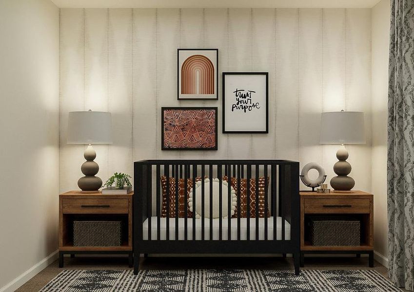 Rendering of a nursery with a black crib
  centered between two nightstands.