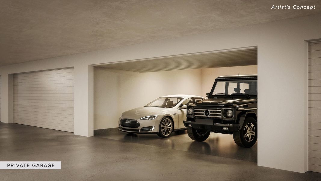 Private 2 car garages available for purchase (additional cost above purchase price). If purchased then residence would have 4 parking spaces in total. Self Park or valet at owners preference. Private 2 car garages available for purchase (additional cost above purchase price). If purchased then residence would have 4 parking spaces in total. Self Park or valet at owners preference.
