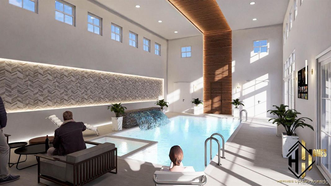 Indoor pool with lounge areas and custom lighting Indoor pool with lounge areas and custom lighting