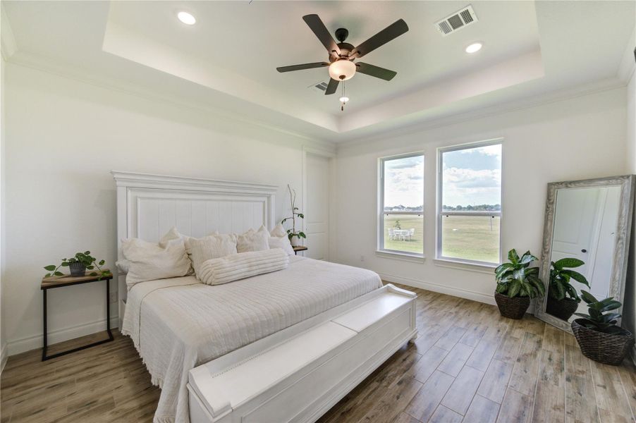 Spacious primary suite with tray ceiling, ceiling fan, and peaceful backyard views